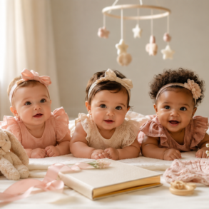 A soft nursery scene with a baby name notebook, delicate flowers, and warm natural light representing Girl Names That Start With K.