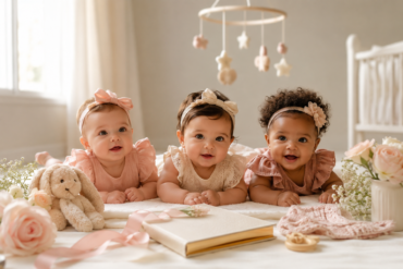 A soft nursery scene with a baby name notebook, delicate flowers, and warm natural light representing Girl Names That Start With K.