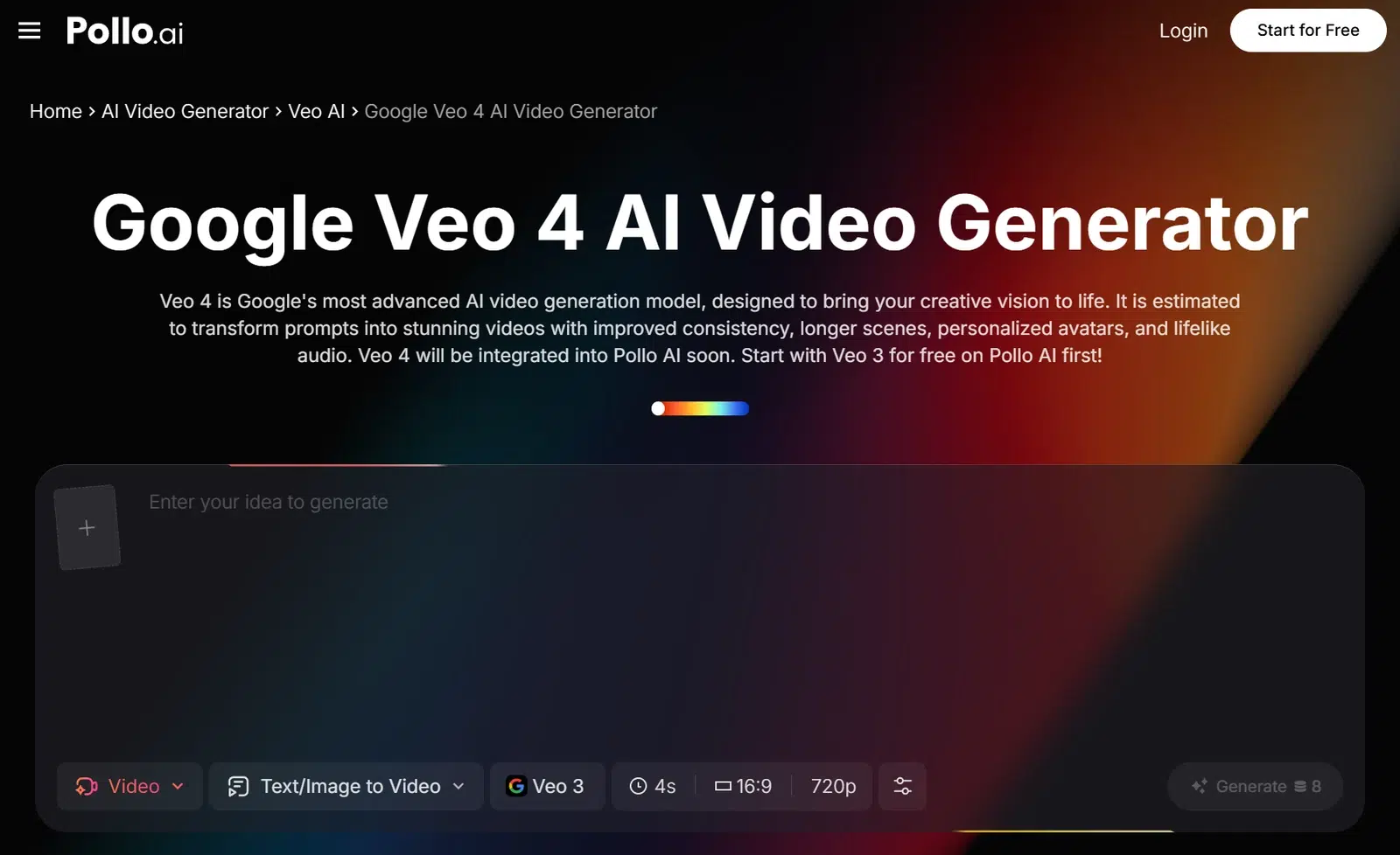 Screenshot of the Pollo.ai interface for the Google Veo 4 AI Video Generator. Features include text to video conversion, scene settings, and a "Start for Free" button. The background has a dark gradient with an inviting and modern feel.
