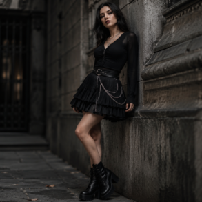 Woman wearing a black Goth Skirt styled with boots, lace top, and dark fashion accessories in a modern gothic outfit