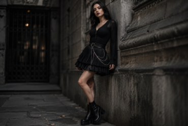 Woman wearing a black Goth Skirt styled with boots, lace top, and dark fashion accessories in a modern gothic outfit