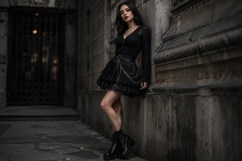 Woman wearing a black Goth Skirt styled with boots, lace top, and dark fashion accessories in a modern gothic outfit