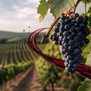 Grape Cabernet clusters growing in a vineyard with rich red wine grapes and natural sunlight