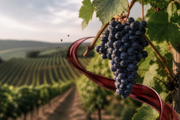Grape Cabernet clusters growing in a vineyard with rich red wine grapes and natural sunlight
