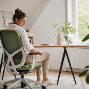 Green Office Chair in a fresh modern home workspace with a wooden desk, soft lighting, and clean decor