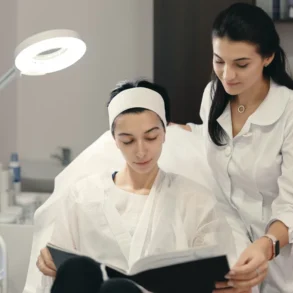 A woman in a spa chair reads a book, wearing a headband and robe, while another woman in a lab coat stands beside her, exuding a calm atmosphere.