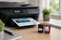 HP Ink Cartridges placed beside a home printer producing a high-quality color document on a desk
