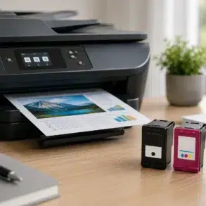 HP Ink Cartridges placed beside a home printer producing a high-quality color document on a desk