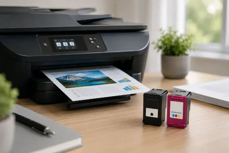 HP Ink Cartridges placed beside a home printer producing a high-quality color document on a desk