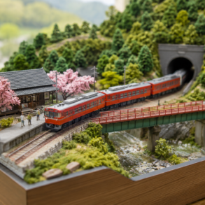 Hakone Railway Model Layout with a miniature train passing through Japanese mountain scenery, tunnels, bridges, trees, and a small station