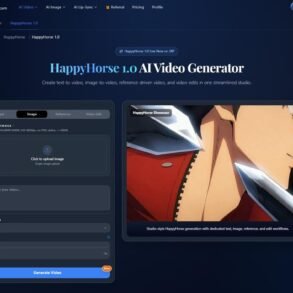 Screenshot of the HappyHorse 1.0 AI Video Generator interface. It features options for creating videos from text, images, or references, on a dark blue background. An anime-style character is shown on the right.
