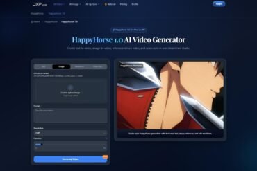 Screenshot of the HappyHorse 1.0 AI Video Generator interface. It features options for creating videos from text, images, or references, on a dark blue background. An anime-style character is shown on the right.