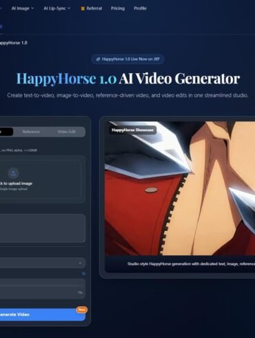 Screenshot of the HappyHorse 1.0 AI Video Generator interface. It features options for creating videos from text, images, or references, on a dark blue background. An anime-style character is shown on the right.
