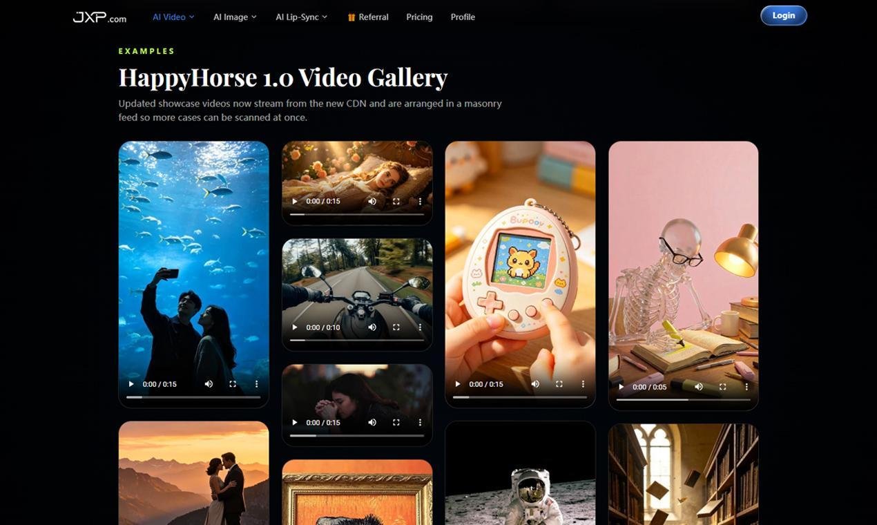 Website video gallery with various thumbnail previews: underwater scene, cooking, a toy device, a skeleton at a desk, a sunset, road biking, a couple, and an astronaut in a library. Dark interface with bright, colorful video images. Mood is diverse and engaging.