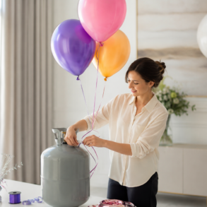 Helium Tank used to fill colorful balloons for a birthday party setup