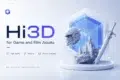 Futuristic ad for Hi3D game and film assets. Features a detailed 3D castle, sci-fi helmet, and sword, highlighting high quality, efficiency, and production readiness.