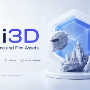 Futuristic ad for Hi3D game and film assets. Features a detailed 3D castle, sci-fi helmet, and sword, highlighting high quality, efficiency, and production readiness.