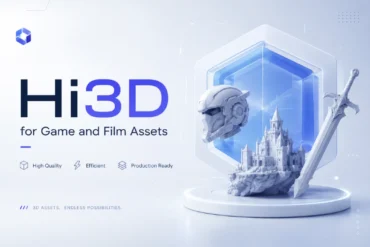 Futuristic ad for Hi3D game and film assets. Features a detailed 3D castle, sci-fi helmet, and sword, highlighting high quality, efficiency, and production readiness.