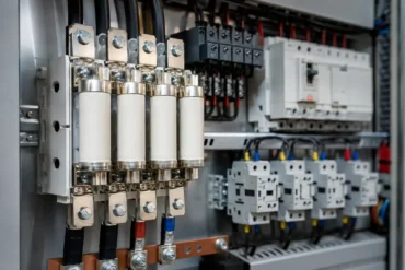 High Rupturing Capacity fuse installed in an electrical control panel for circuit protection
