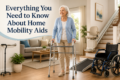 Elderly woman using a walker in a living room equipped with various home mobility aids, including a wheelchair, cane, and stairlift.