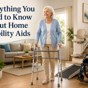 Elderly woman using a walker in a living room equipped with various home mobility aids, including a wheelchair, cane, and stairlift.