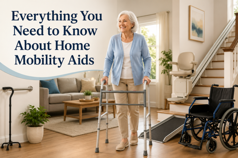Elderly woman using a walker in a living room equipped with various home mobility aids, including a wheelchair, cane, and stairlift.