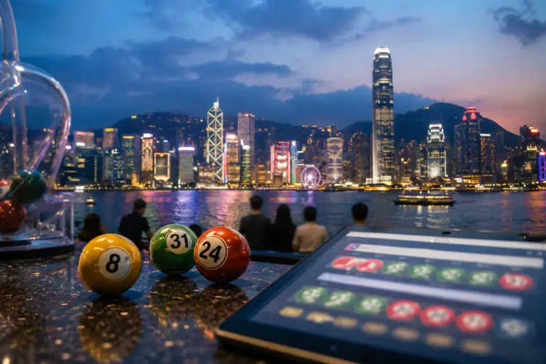 Hongkong Prize results update with Hong Kong city lights and winner information concept