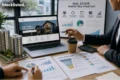 Two professionals discuss real estate marketing strategy at a desk with a laptop, graphs, a coffee cup, and a miniature building model, conveying a business-focused atmosphere.