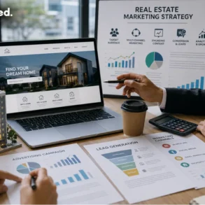 Two professionals discuss real estate marketing strategy at a desk with a laptop, graphs, a coffee cup, and a miniature building model, conveying a business-focused atmosphere.