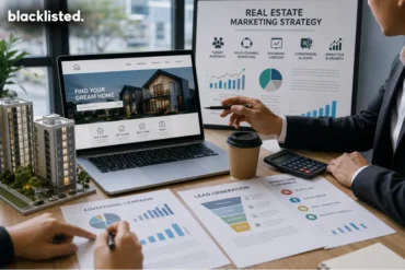 Two professionals discuss real estate marketing strategy at a desk with a laptop, graphs, a coffee cup, and a miniature building model, conveying a business-focused atmosphere.