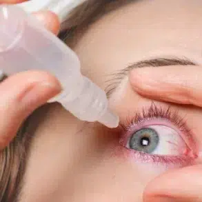 Close-up of a person applying eye drops to an irritated blue eye with visible redness. The hand gently holds the eyelid open, conveying caution and care.