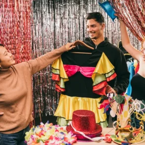 Three people holding costumes and props, standing in front of red and silver tinsel backdrops at a festive party or photo booth setup.