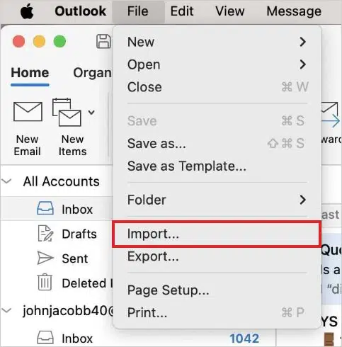 Outlook menu showing a dropdown under "File" with options like New, Open, and Import. The "Import..." option is highlighted in red.