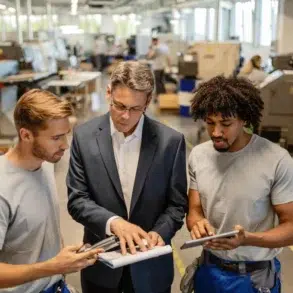 A manager in a suit discusses plans with two workers holding tablets in a modern factory. The environment is collaborative and focused.