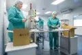Workers in a clean room, wearing hairnets and green uniforms, perform industrial sorting and packaging at stainless steel tables.