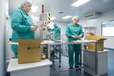 Workers in a clean room, wearing hairnets and green uniforms, perform industrial sorting and packaging at stainless steel tables.