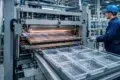 A worker in blue uniform and helmet operates a large industrial machine producing clear plastic trays. The setting is a bright, organized factory.