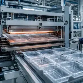 A worker in blue uniform and helmet operates a large industrial machine producing clear plastic trays. The setting is a bright, organized factory.