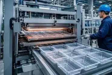 A worker in blue uniform and helmet operates a large industrial machine producing clear plastic trays. The setting is a bright, organized factory.