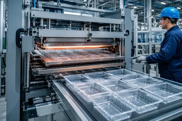 A worker in blue uniform and helmet operates a large industrial machine producing clear plastic trays. The setting is a bright, organized factory.