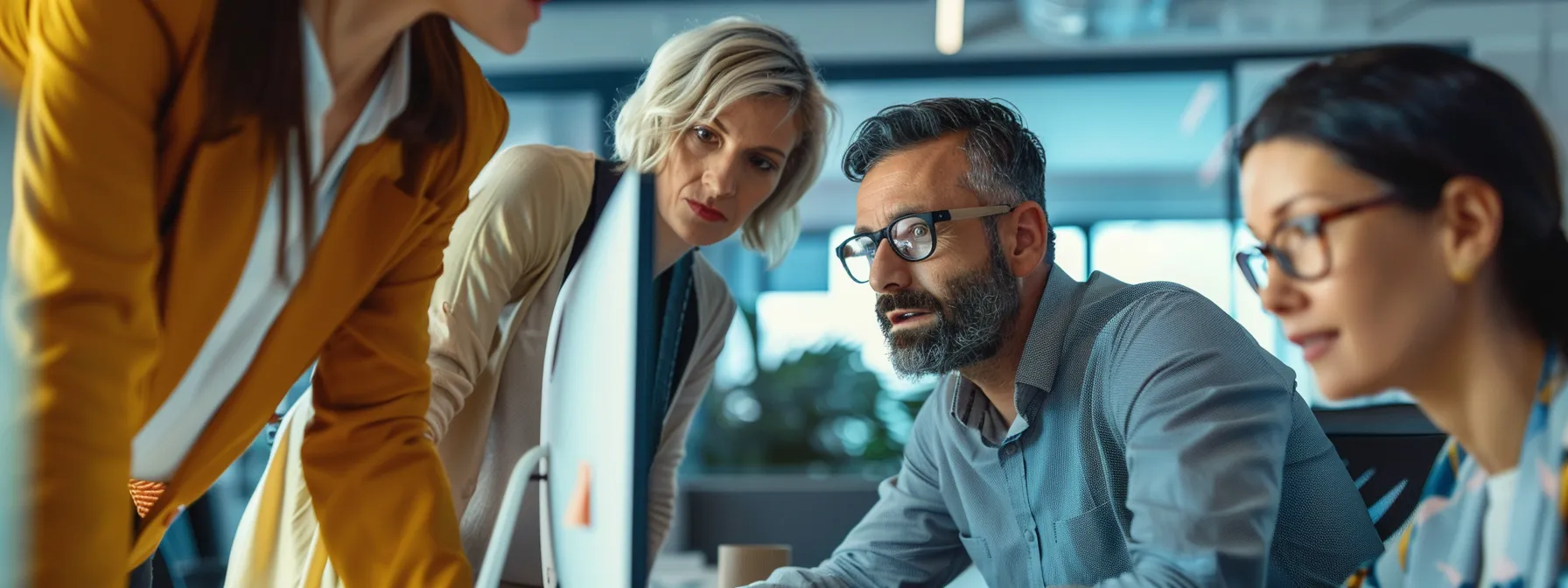 A diverse group of professionals in a modern office, focused and engaged in a discussion around a computer. The atmosphere is collaborative and serious.