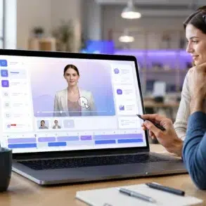 Two professionals review an AI-powered video editing interface on a laptop, showing a virtual presenter, timeline controls, and interactive training video elements in a modern office workspace.