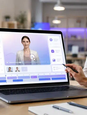 Two professionals review an AI-powered video editing interface on a laptop, showing a virtual presenter, timeline controls, and interactive training video elements in a modern office workspace.