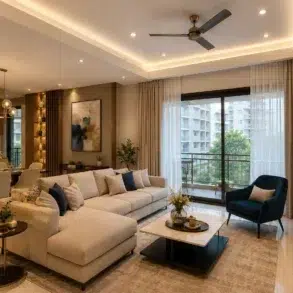 Modern living room with a beige sectional sofa, blue armchair, and marble coffee table. Sliding glass doors open to a balcony with greenery.
