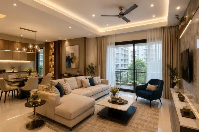 Modern living room with a beige sectional sofa, blue armchair, and marble coffee table. Sliding glass doors open to a balcony with greenery.