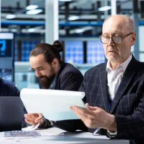 Three men in an office setting focus intently on their tasks. The older man in front examines documents, while two colleagues work on laptops behind him.