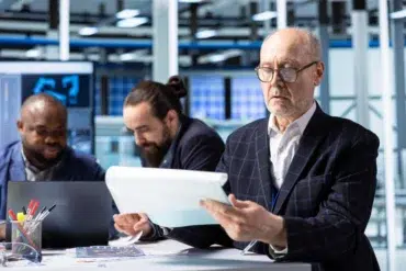 Three men in an office setting focus intently on their tasks. The older man in front examines documents, while two colleagues work on laptops behind him.