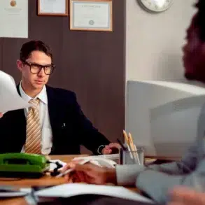 A Las Vegas Workers Comp Lawyer in a professional office setting, wearing glasses and a suit, reviewing legal documents during a consultation with a client.