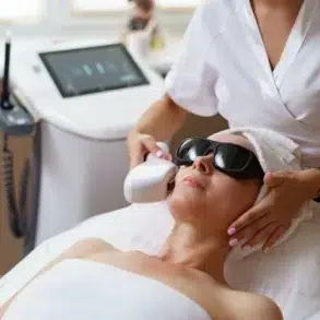 A woman wearing protective goggles receives a laser facial treatment in a spa setting. The aesthetician, in white, focuses on her task in a calm atmosphere.