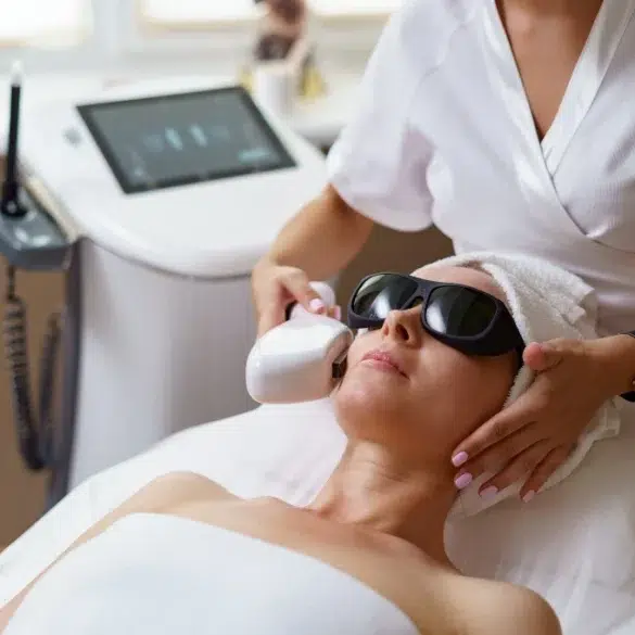 A woman wearing protective goggles receives a laser facial treatment in a spa setting. The aesthetician, in white, focuses on her task in a calm atmosphere.
